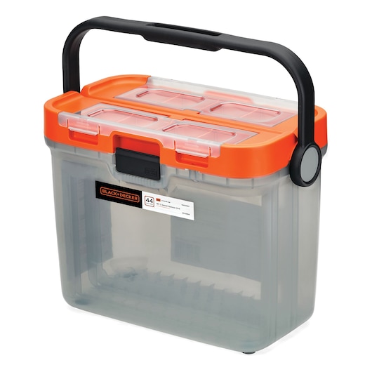 A transparent plastic storage box with an orange lid, a black handle, and BLACK+DECKER branding. The lid features compartments with clear covers for organizing small items.