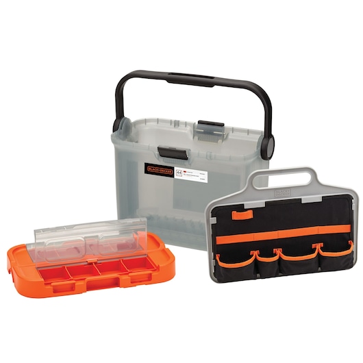 BLACK+DECKER plastic tool storage box set shown with a clear-lidded organizer tray and a portable fabric tool pouch featuring multiple pockets.