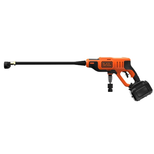 A BLACK+DECKER cordless pressure washer with an orange and black design, shown with a long nozzle and battery attached.