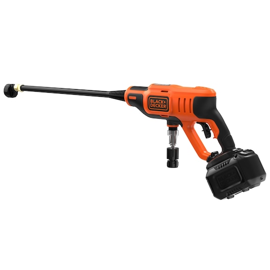 A BLACK+DECKER cordless pressure cleaner with an orange and black color scheme, featuring a long nozzle and a rechargeable battery attached at the handle.
