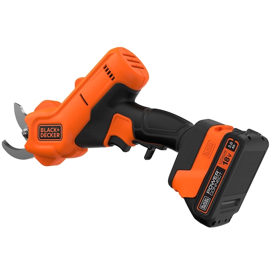 BLACKDECKER BCPP18D1 cordless pruner, orange and black, side angle showing 18V battery and blade.