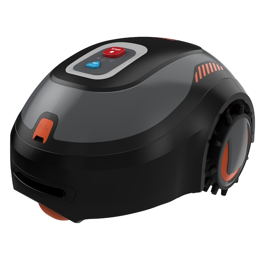 Close-up view of a BLACK+DECKER robotic lawn mower with a sleek black and orange design, showing its control buttons on top and wheels on the side.