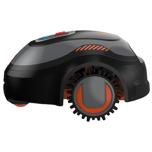 Side view of a BLACK+DECKER robotic lawn mower in black and orange, featuring large wheels and control buttons on top, model BCRMW121.