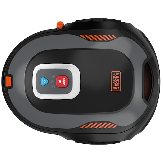 Top view of a BLACK+DECKER robotic lawn mower with a black and gray body, orange accents, and a control panel featuring blue and red buttons labeled 'GO ON/OFF' and 'STOP'.