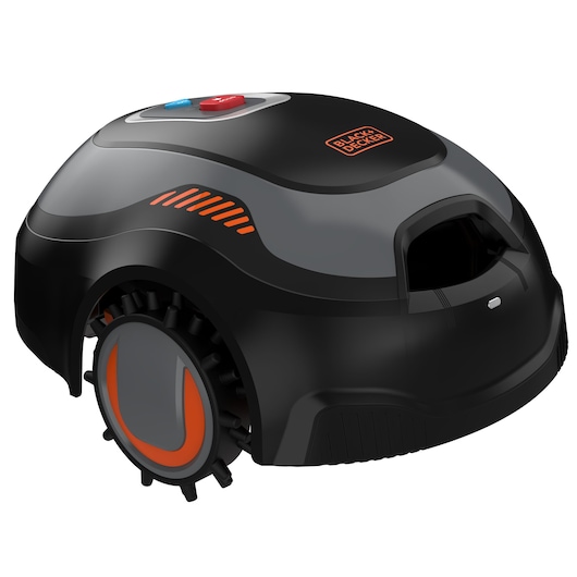 A BLACK+DECKER robotic lawn mower, model BCRMW122, in black and grey with orange accents and two control buttons on top.