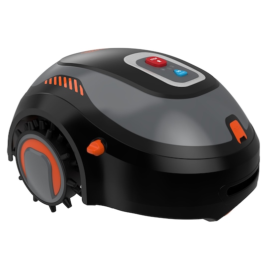 BLACK+DECKER robotic lawn mower, model BCRMW122, featuring a black and gray body with orange accents and a control panel with stop and go buttons on top.
