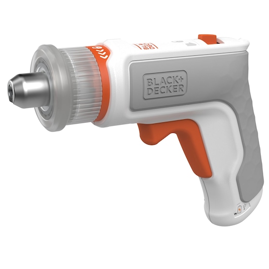 BLACK+DECKER BCRTA01 cordless screwdriver in white, gray, and orange, right side angle on white background.