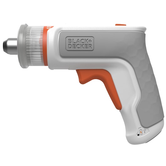 BLACK+DECKER BCRTA01 cordless screwdriver, side view, gray and orange handle, on white background.