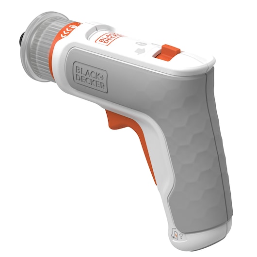 BLACK+DECKER BCRTA01 compact cordless screwdriver, gray and orange, side angle, on white background.