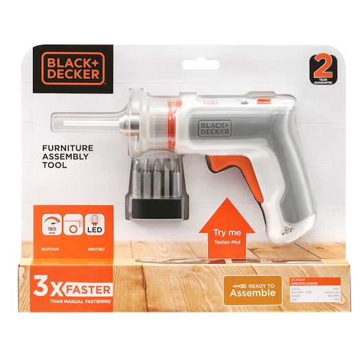 BLACK+DECKER BCRTA01 furniture assembly tool in packaging, gray and orange, with included screwdriver bits, front view.