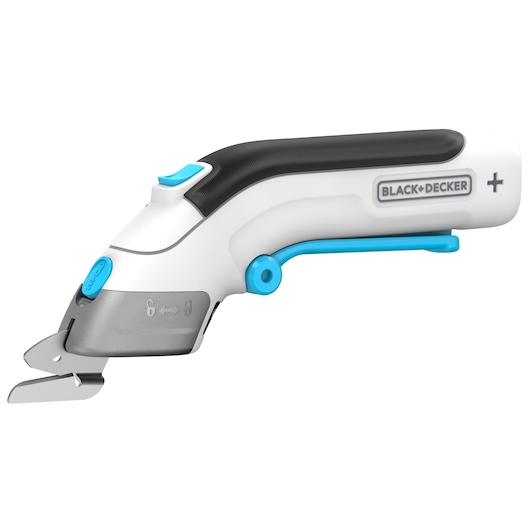 BLACK+DECKER BCSC115 white and black electric scissors with blue accents, side view on white background.