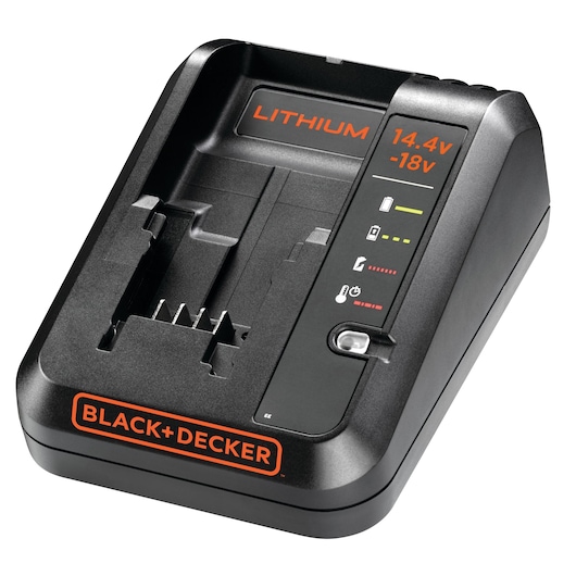 Black+Decker lithium battery charger for 14.4V to 18V batteries, featuring indicator lights and a black plastic body.