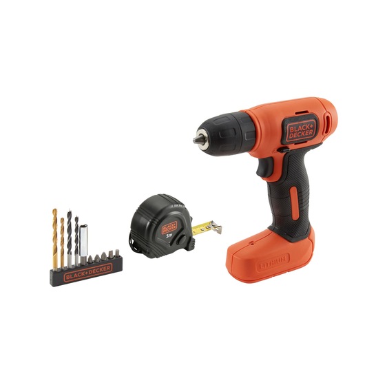 BLACKDECKER BDCD8GPA cordless drill set with drill bits, tape measure, side angle, on white background.