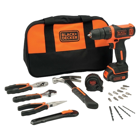 BLACK+DECKER BDCDD12HTSA tool set with drill, hand tools, bits, and carrying bag, front angle.
