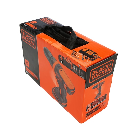 BLACKDECKER BDCDD12HTSA photography of orange and black cordless drill kit box, angled view, carry handle visible.