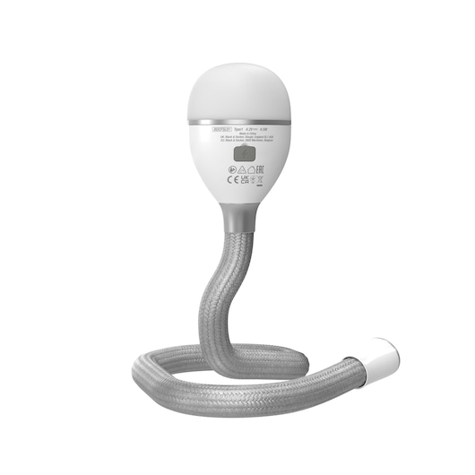 BLACKDECKER BDCFSL01 flexible hose adapter, gray and white, front angle on white background.