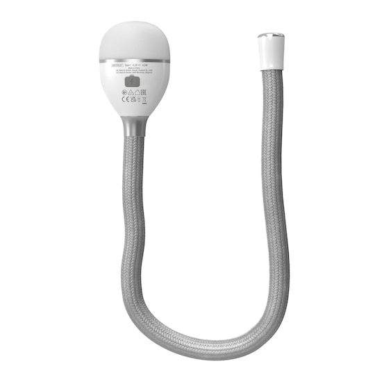 BLACKDECKER BDCFSL01 flexible silver hose with white fittings, front angle, product photography.