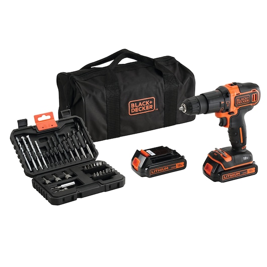 A BLACK+DECKER cordless drill set including an 18V drill, two lithium batteries, a black carry bag, and a black storage case with various drill bits and accessories.