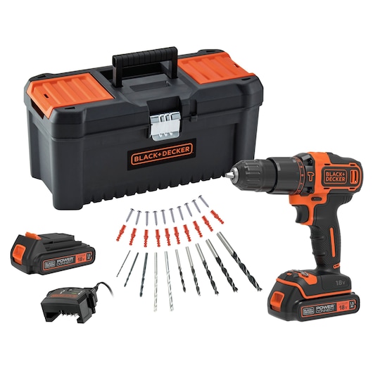 BLACK+DECKER 18V cordless drill kit, featuring a black and orange drill, battery pack, battery charger, various drill bits and accessories, and a sturdy black tool box with orange accents.