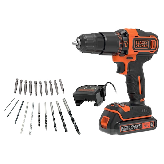 A BLACK+DECKER 18V cordless drill set, including black and orange drill, battery charger, multiple drill bits, and screwdriver bits arranged in a semi-circle.