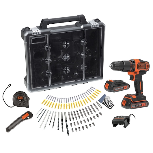 BLACK+DECKER cordless drill kit with plastic carrying case, drill, two 18V batteries, battery charger, tape measure, utility knife, various drill bits, screws, wall plugs, hex keys, and screwdriver bits.
