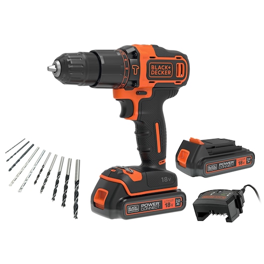BLACK+DECKER cordless power drill set including an 18V drill, two batteries, a charger, and a selection of drill bits.