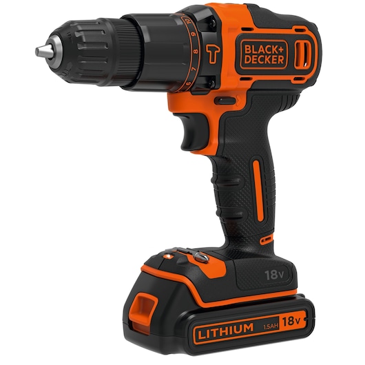 A BLACK+DECKER 18V cordless drill with a lithium battery, featuring a black and orange design. The drill has a textured grip handle and adjustable settings ring.