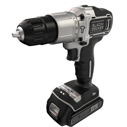 Cordless BLACK+DECKER power drill with black and silver design, featuring an ergonomic handle and 18V lithium battery at the base.