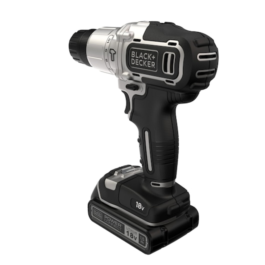 A BLACK+DECKER 18V cordless drill with a black and silver design, featuring a lithium battery at the base.