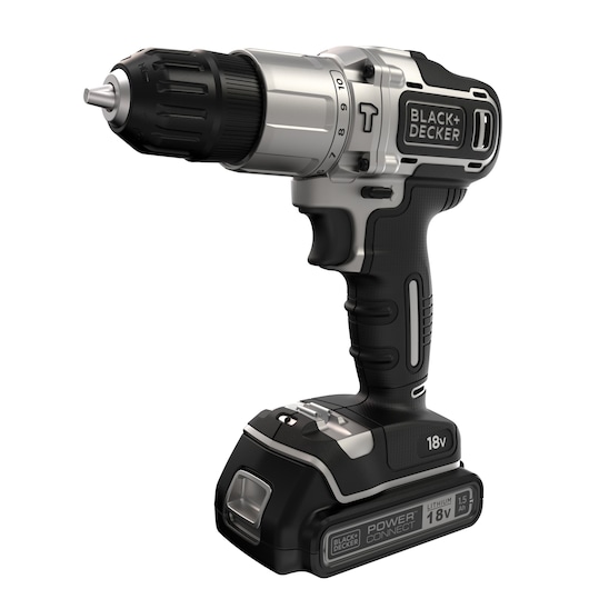 A BLACK+DECKER 18V cordless power drill with a black and silver design, showing the trigger, battery pack, and adjustable torque settings.