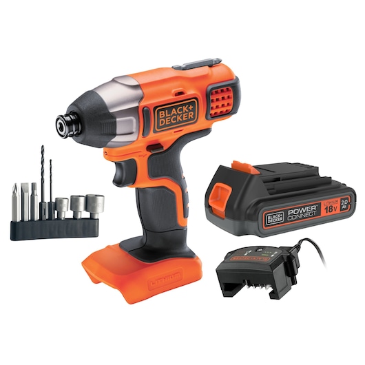 BLACK+DECKER cordless impact driver kit including an orange and black cordless impact driver, an 18V lithium battery, a battery charger, and a set of drill and screw bits.