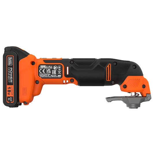 BLACKDECKER BDCOS18D1K cordless oscillating multi-tool, orange and black, side view on white background.