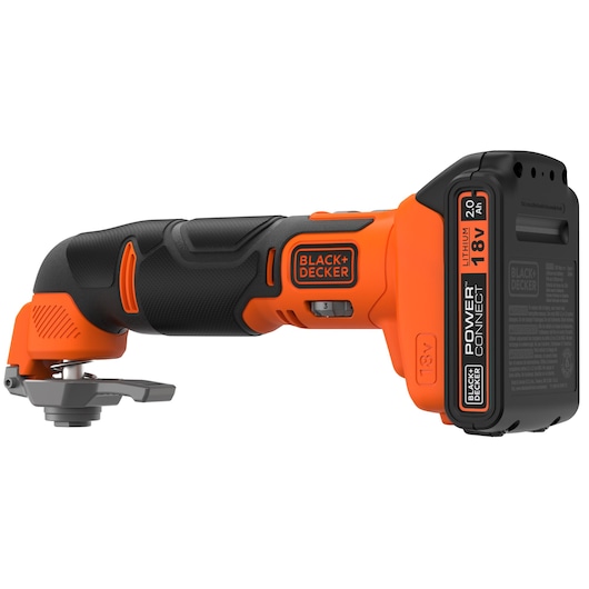Photo of BLACK+DECKER BDCOS18D1K cordless oscillating multi-tool, side view, orange and black design, 18V lithium battery.