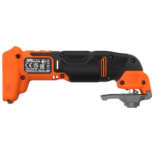 BLACKDECKER BDCOS18N cordless oscillating multi-tool, black and orange, side angle, white background.