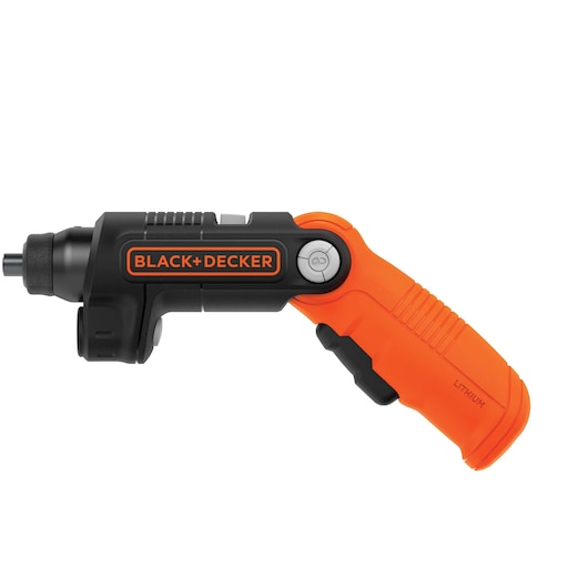 BLACK+DECKER cordless screwdriver with a black and orange design, featuring an ergonomic handle and lithium battery.