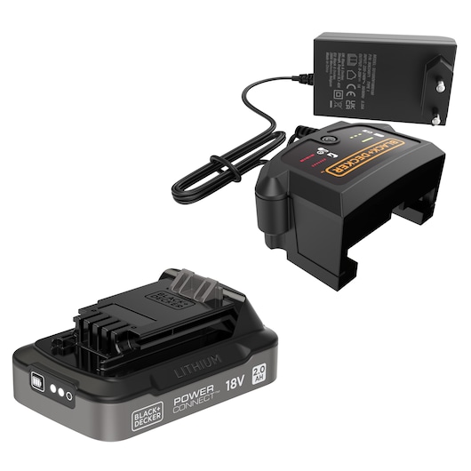 A BLACK+DECKER POWERCONNECT 18V 2.0Ah State of Charge Battery with 1A Fast Charger.