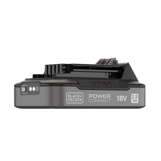 BLACK+DECKER BDL2518S 18V 2.5Ah lithium battery, side view, black casing, power indicator lights.
