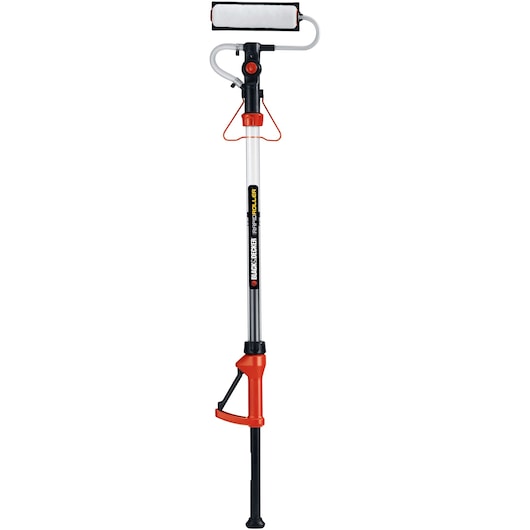 BLACKDECKER paint roller BDPR400, upright front angle, red and black handle with attached tube.