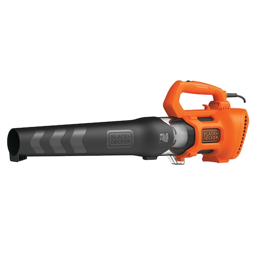 BLACKDECKER BEBL185 electric leaf blower, orange and black, side angle on white background.