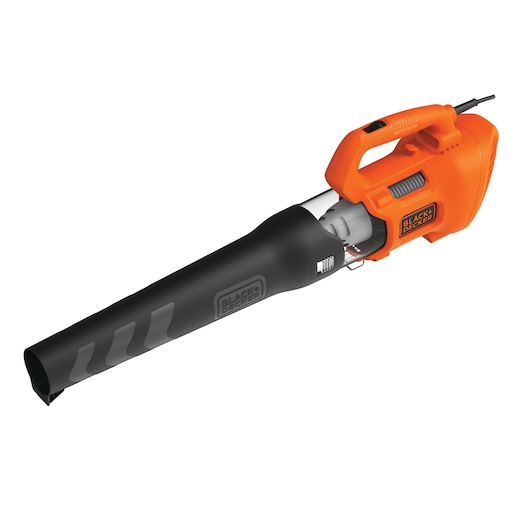 BLACKDECKER BEBL185 electric leaf blower in orange and black, side angle, photography on white background.