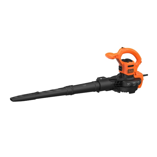 A BLACK+DECKER electric garden blower and vacuum, model BEBLV290, with an orange and black design. The device has a long, narrow nozzle and a handle for easy operation.