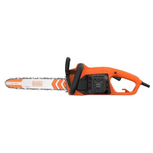A BLACK+DECKER electric chainsaw with an orange and black body, featuring a 14 inch (35 cm) bar and chain. The chainsaw is shown from the side against a white background.
