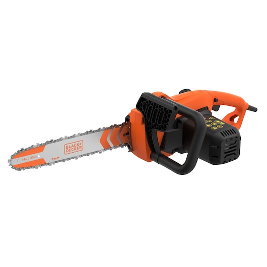 BLACK+DECKER electric chainsaw with orange and black casing, showing the 35cm (14 inch) blade and safety handle.