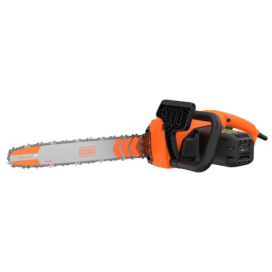 A BLACK+DECKER electric chainsaw with an orange and black body and a silver blade with the brand logo and safety markings. The device is shown against a white background.