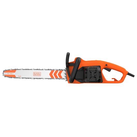 A BLACK+DECKER electric chainsaw with an orange and black body, featuring a 45 cm (18 inch) blade and chain, shown on a white background.