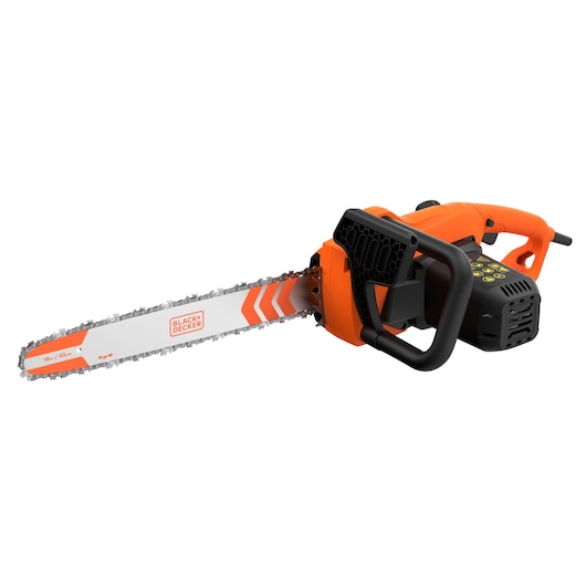 An orange and black Black+Decker electric chainsaw with a 45 cm blade, featuring ergonomic handles and safety markings.