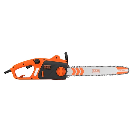 A BLACK+DECKER electric chainsaw with an orange and black body and a 45 cm cutting bar.