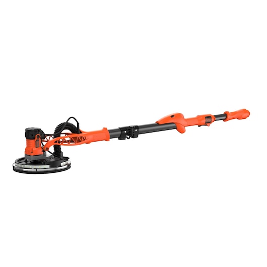 A BLACK+DECKER branded orange and black drywall sander with a telescopic handle and round sanding head.
