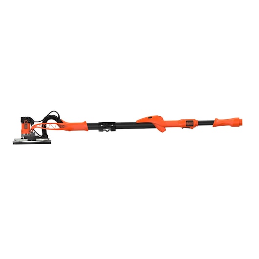 A BLACK+DECKER BEDW700 electric drywall sander with a long black and orange handle and round sanding head, designed for smoothing walls and ceilings.