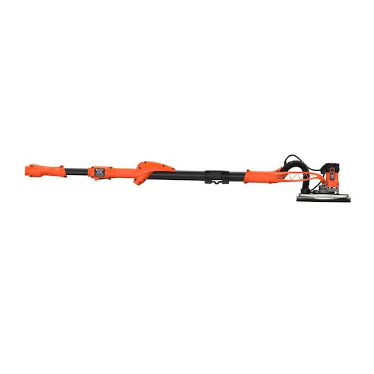 A BLACK+DECKER BEDW700 extendable electric drywall sander in orange and black, shown in a side view.